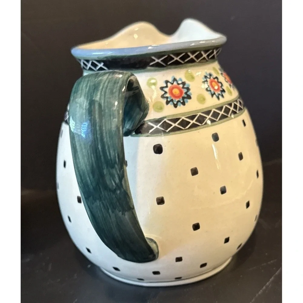 Boleslawiec‎ Polish Art Pottery Floral Blue Square Dots Pitcher Jug 6.5 Inch